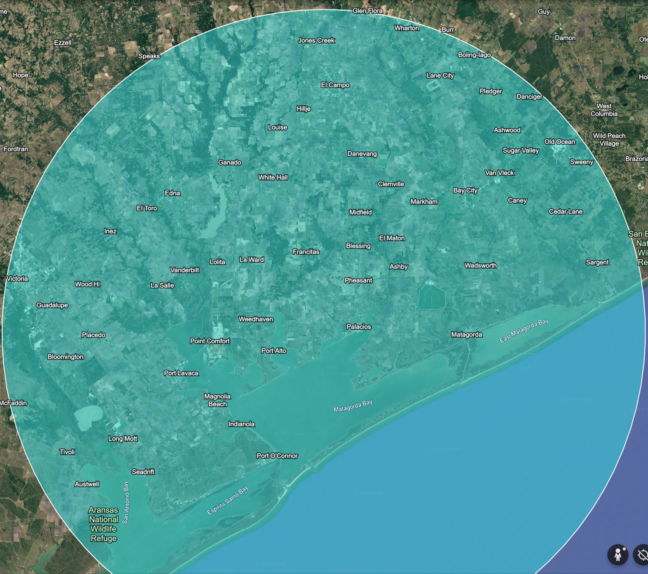 Service area map centered on Palacios, TX